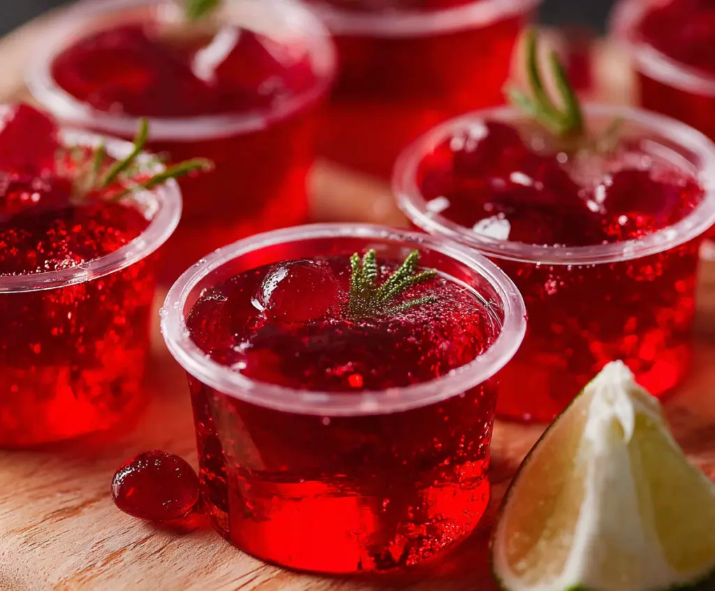 Colorful Crantini Jello Shots in shot glasses for a festive party treat.