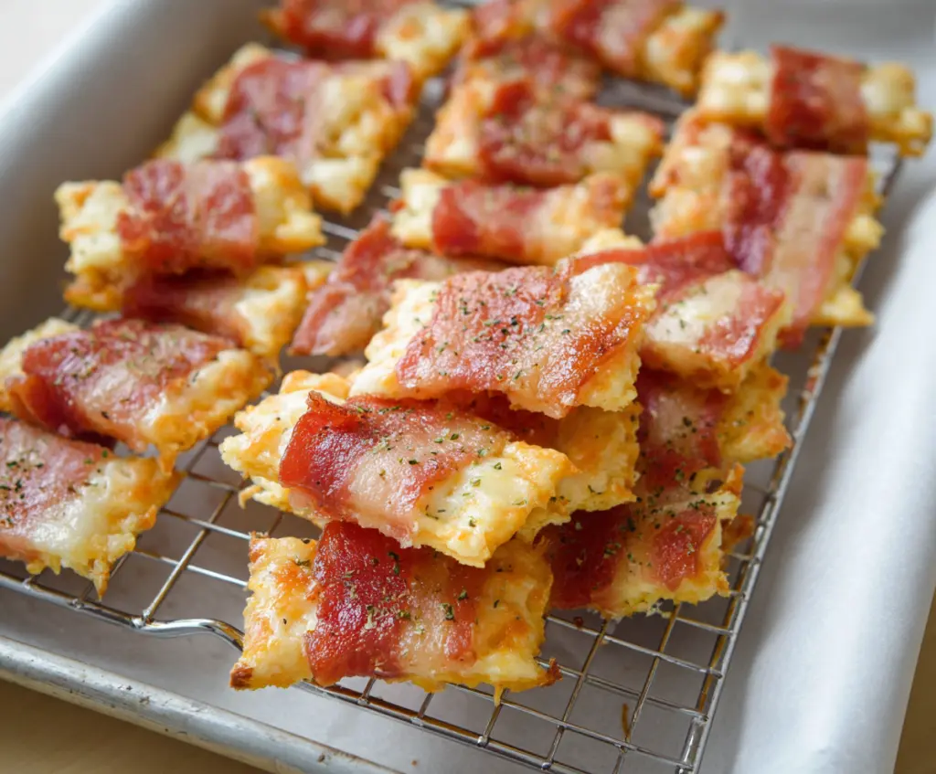 Cream Cheese Bacon Crackers on a serving platter, crispy with savory bacon and creamy cheese filling.