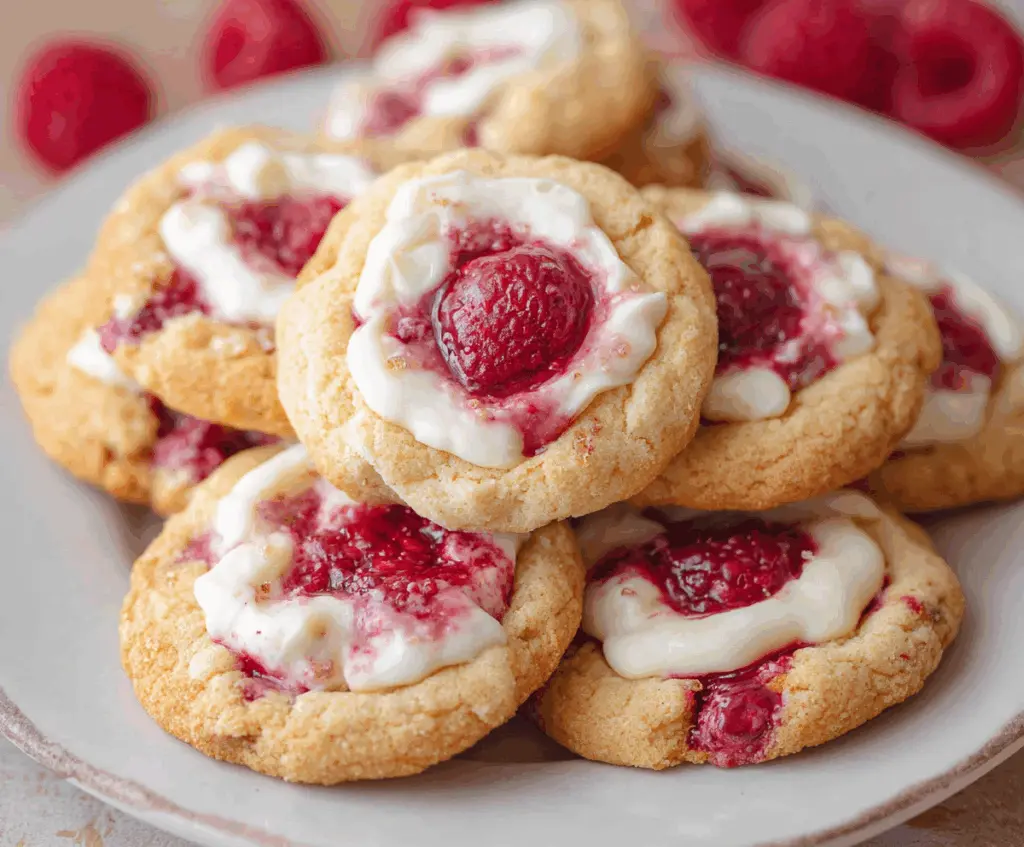 Delicious cream cheese raspberry cookies with a goldenbrown crust and fresh raspberry filling.