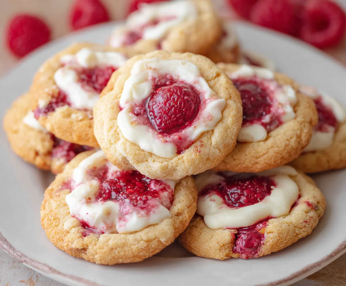 Delicious cream cheese raspberry cookies with a goldenbrown crust and fresh raspberry filling.