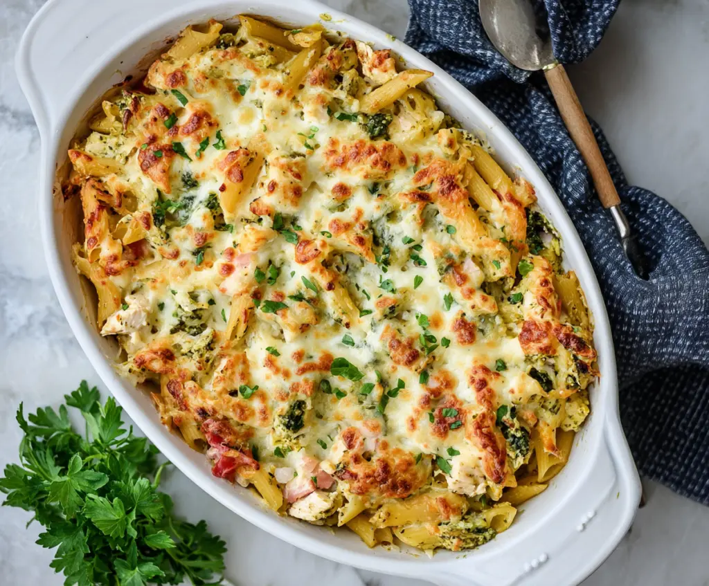 Creamy basil pesto chicken pasta bake served in a bowl with fresh basil leaves on top.