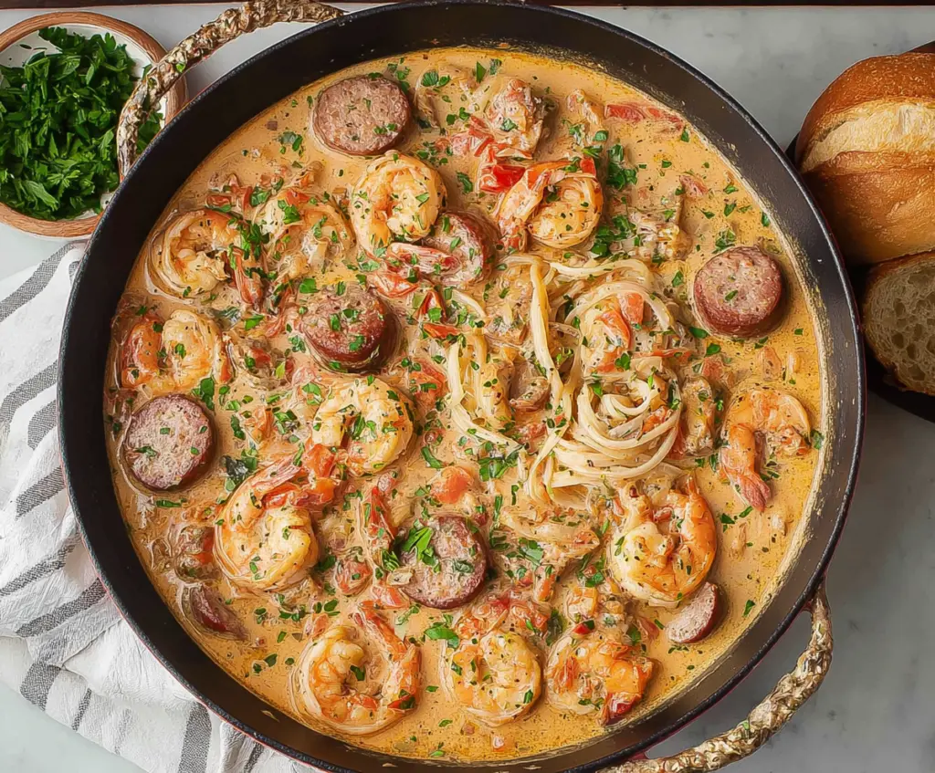 Delicious creamy Cajun shrimp and sausage served on a plate, garnished with fresh herbs.