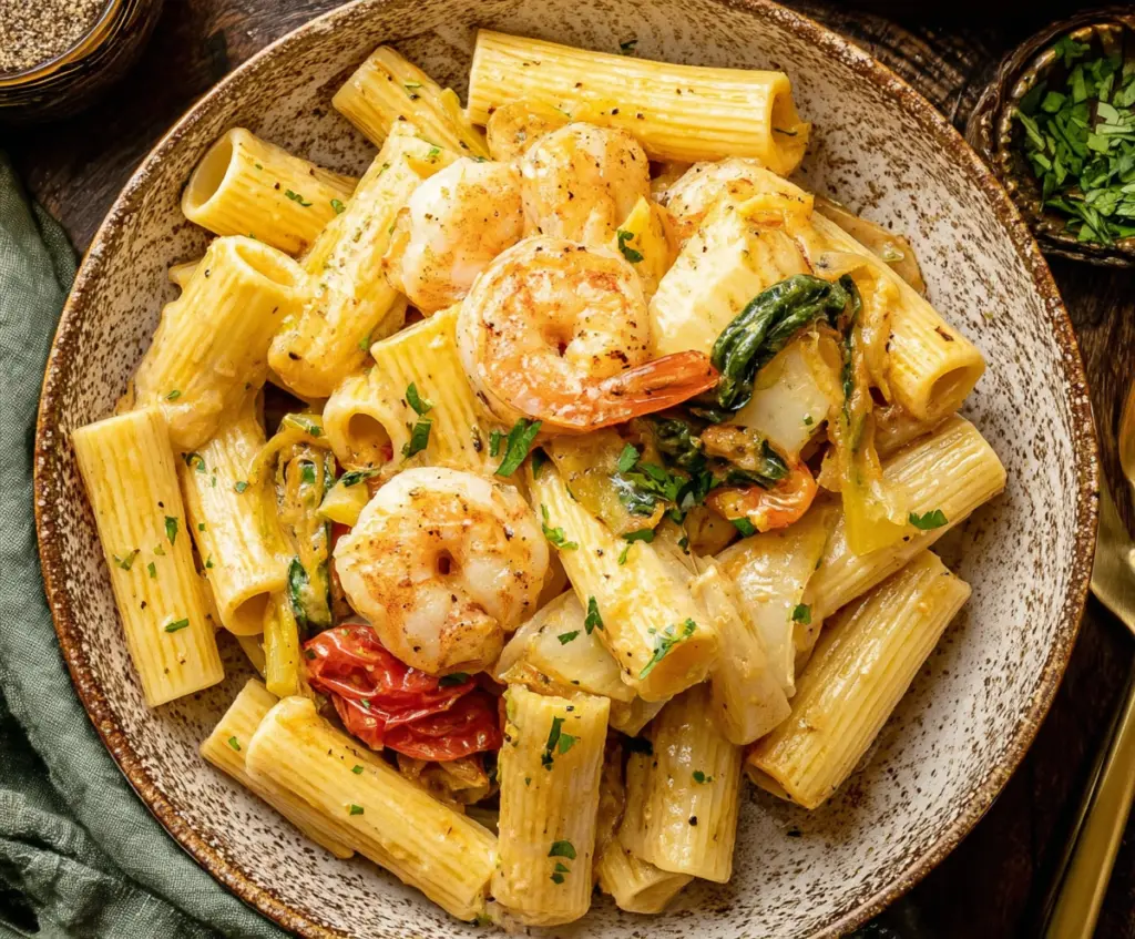 Delicious creamy Jamaican shrimp Rasta pasta topped with colorful vegetables.