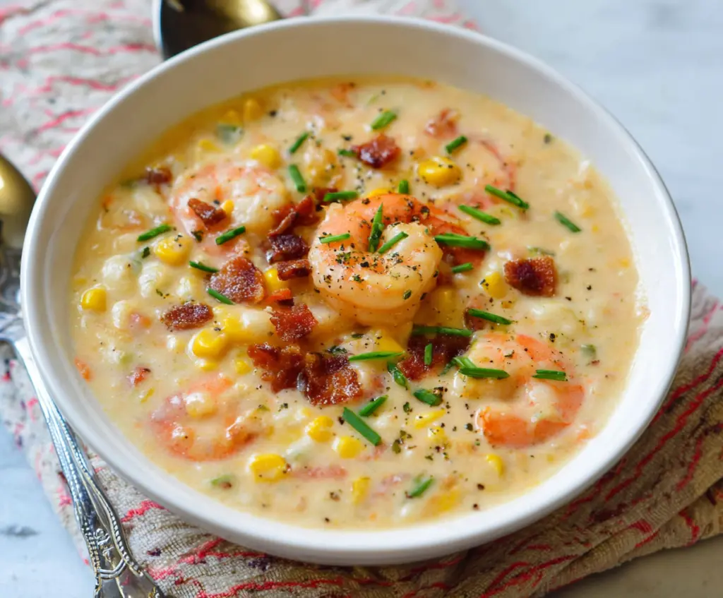 Creamy shrimp and corn chowder garnished with fresh herbs in a bowl