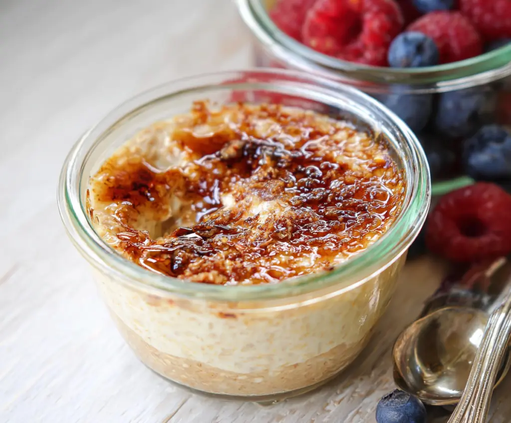 Delicious Crème Brûlée Overnight Oats in a glass jar topped with caramelized sugar and fresh berries.