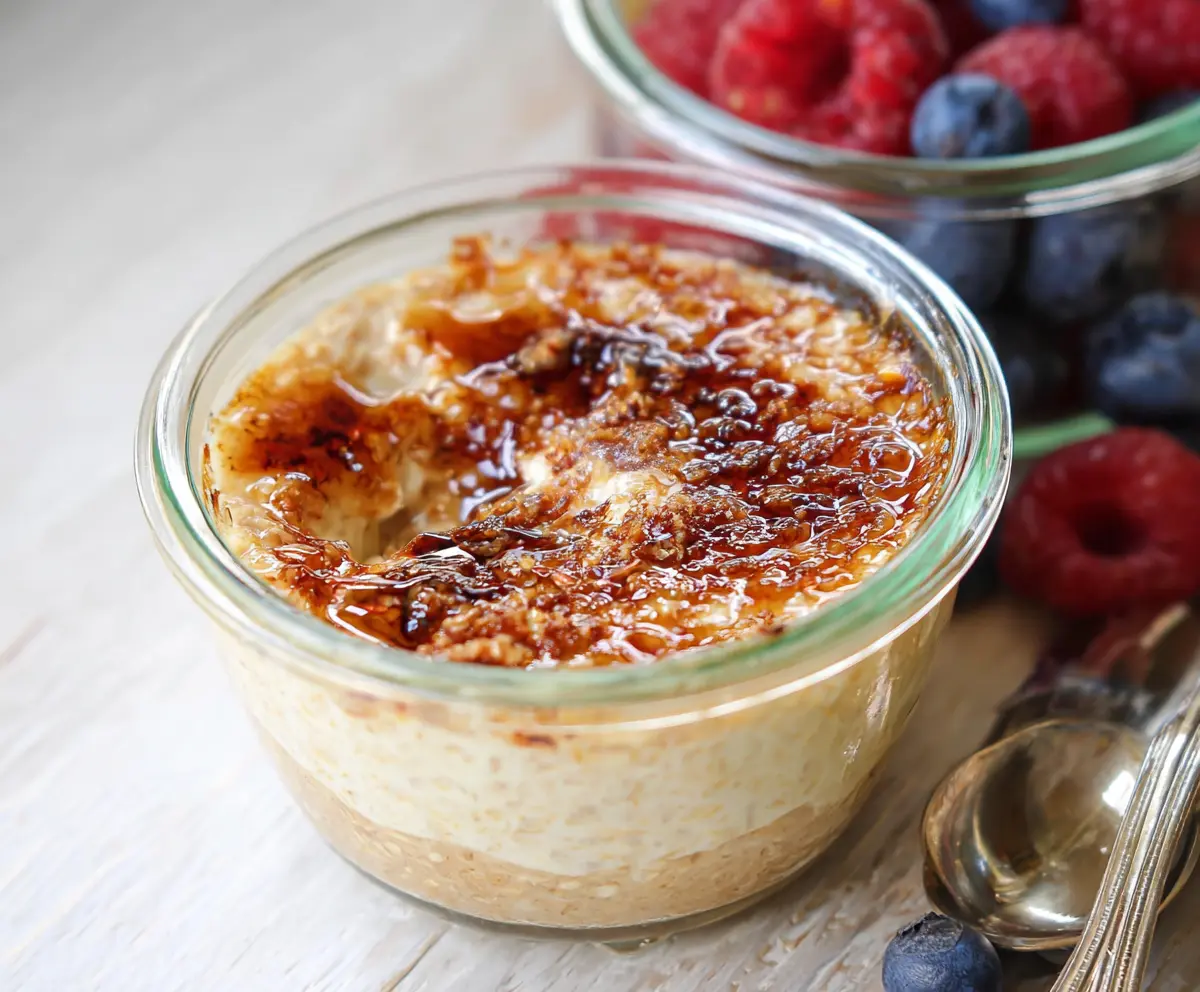Delicious Crème Brûlée Overnight Oats in a glass jar topped with caramelized sugar and fresh berries.