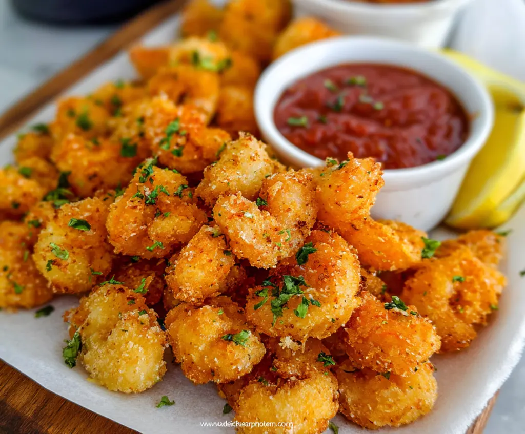 Golden crispy popcorn shrimp served with a dipping sauce on a white plate.