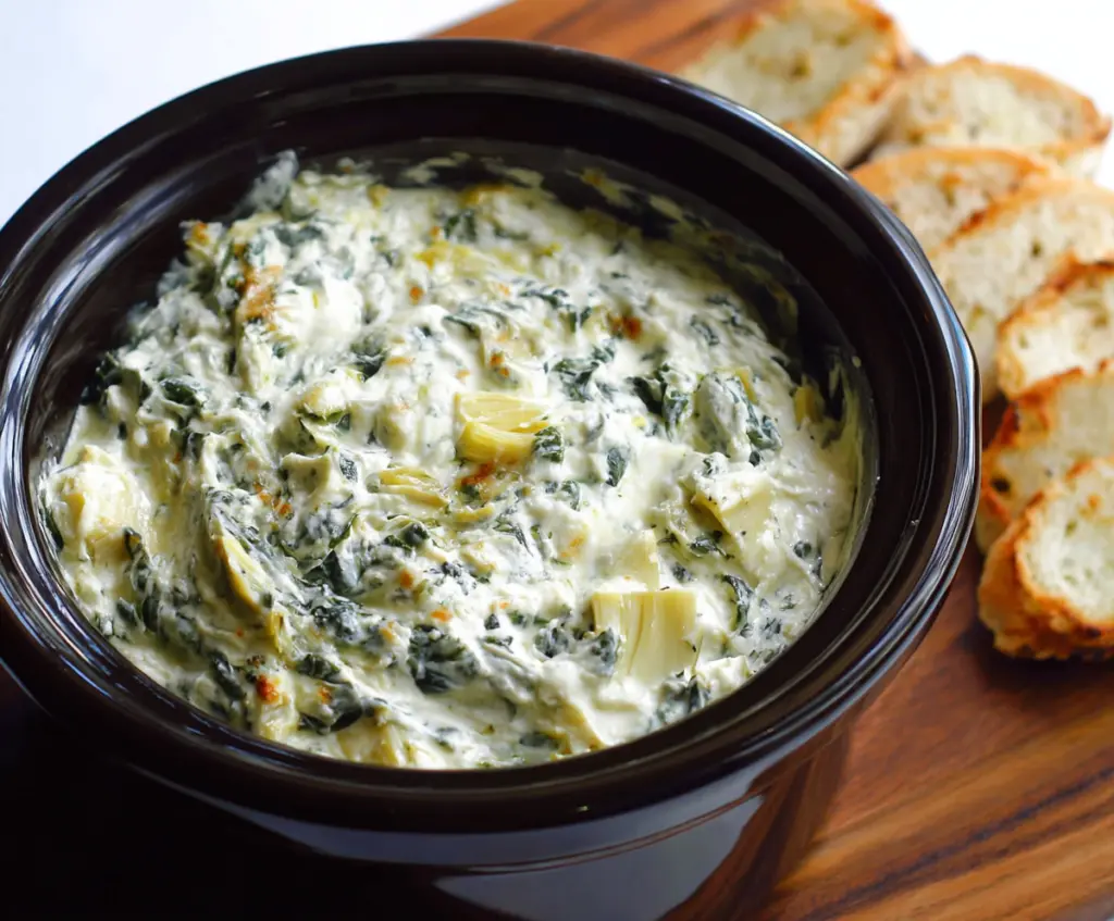 Creamy crockpot spinach artichoke dip served in a bowl with fresh bread on a wooden table.