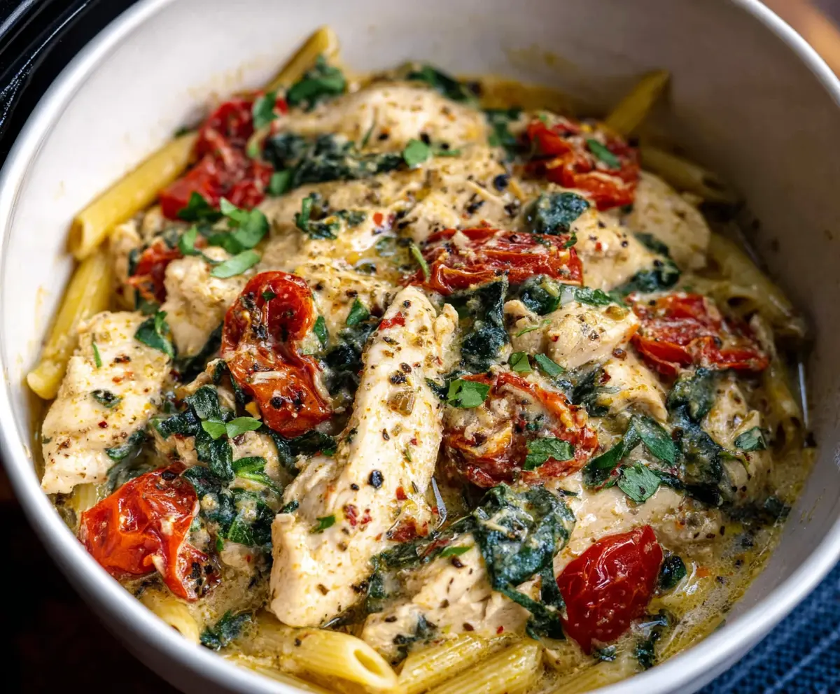Creamy Crockpot Tuscan Chicken Pasta with sun-dried tomatoes and spinach in a rustic bowl.