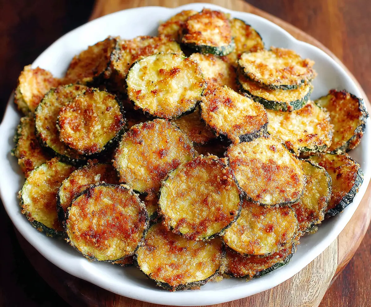 Crispy baked zucchini chips seasoned with herbs on a white plate