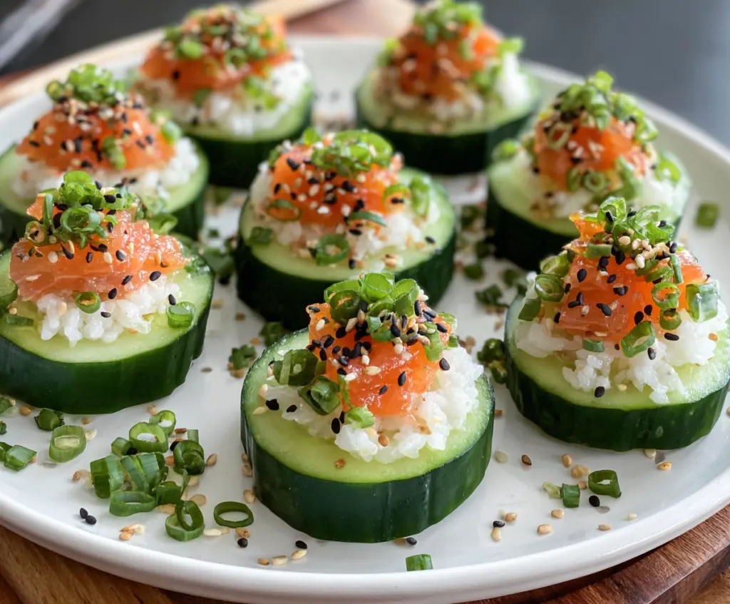 Delicious cucumber sushi bites garnished with fresh herbs, perfect as a healthy appetizer.