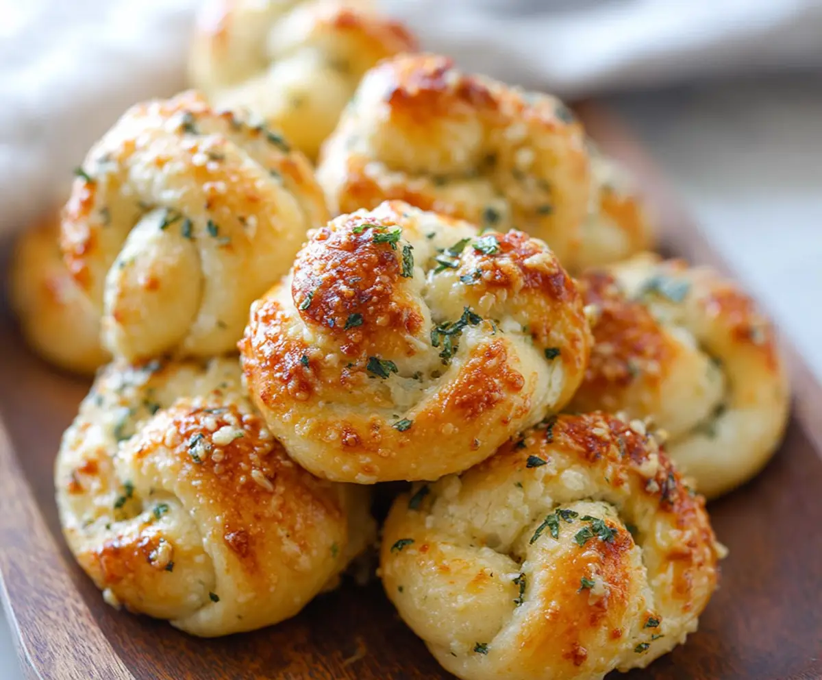 Golden easy garlic parmesan knots fresh out of the oven, served on a rustic wooden table.