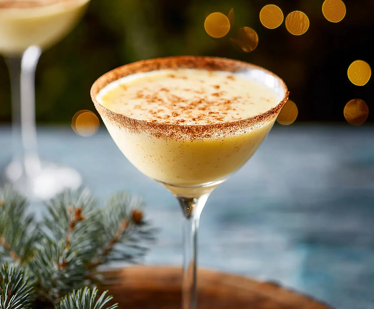 Delicious Eggnog Martini in a elegant cocktail glass topped with nutmeg and cinnamon.