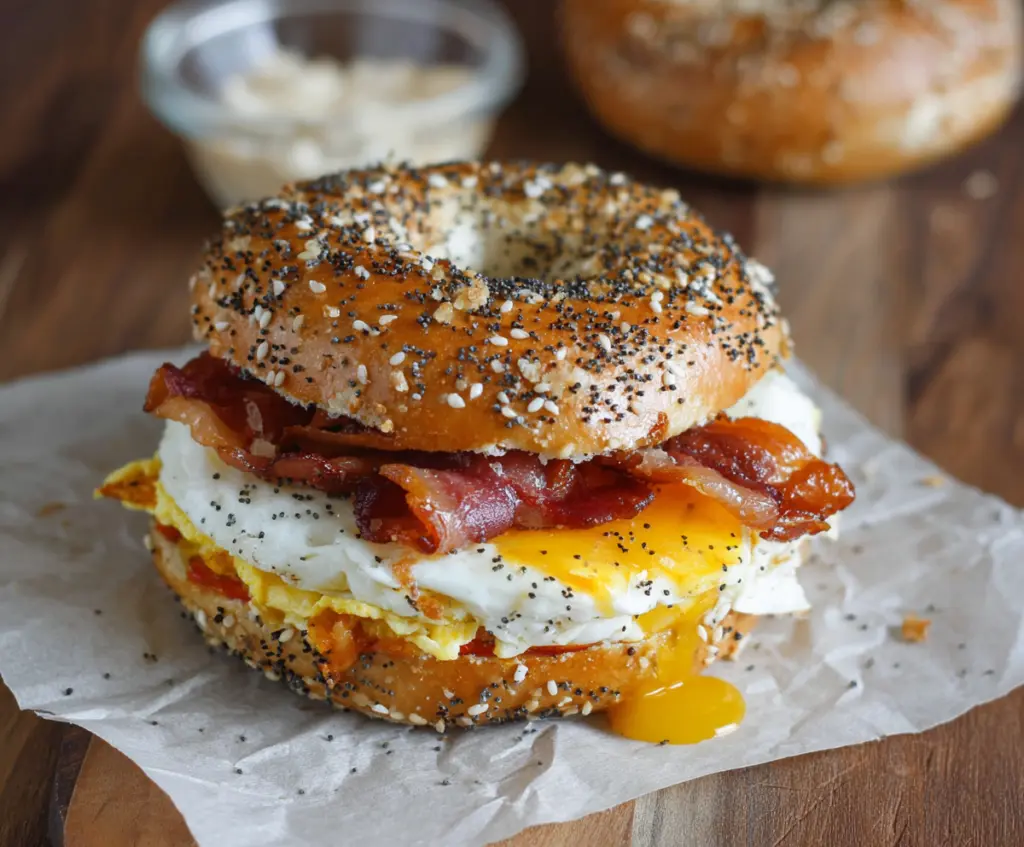 Delicious Everything Bagel Breakfast Sandwich with eggs, cheese, and bacon