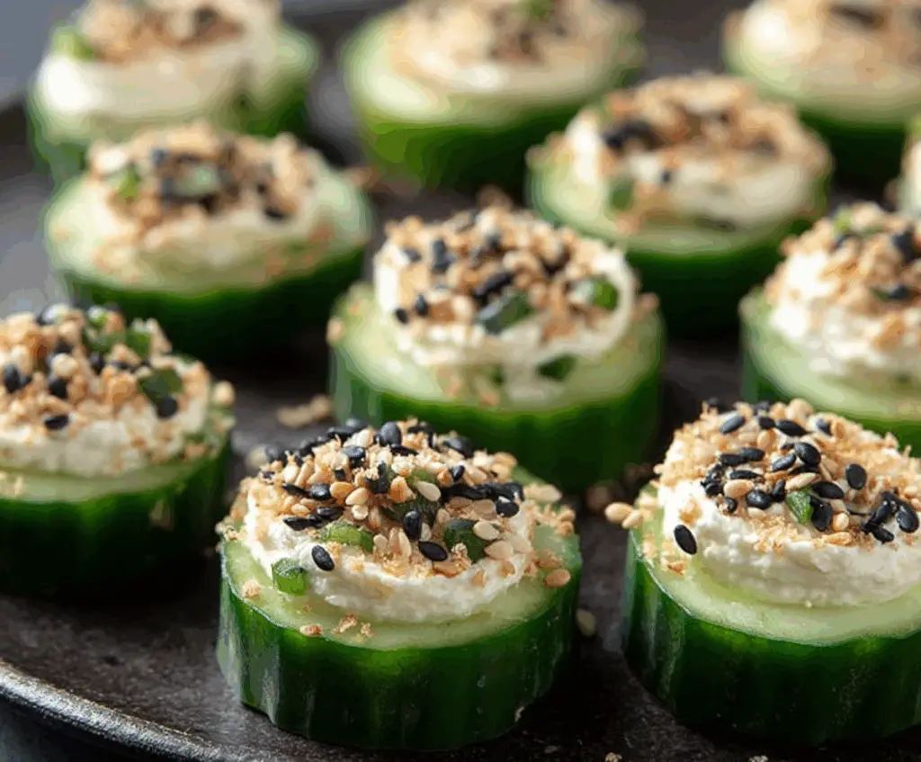Delicious Everything Bagel Cucumber Bites with cream cheese and spices on a serving platter.
