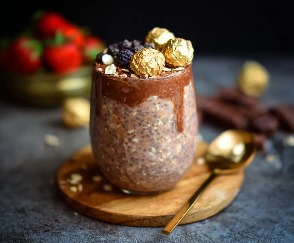 Delicious Ferrero Rocher Overnight Oats topped with chocolate and hazelnuts in a glass jar.