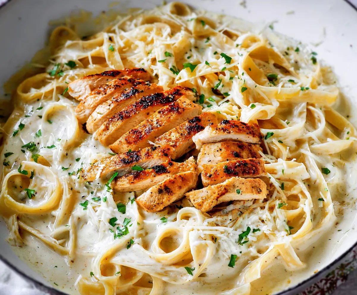 Creamy Fettuccine Alfredo with grilled chicken slices on a plate, garnished with parsley.