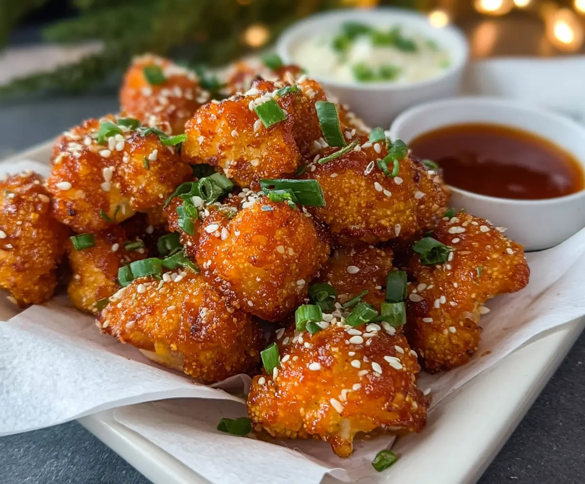 Spicy Firecracker Cauliflower Bites roasted to golden perfection on a white plate.