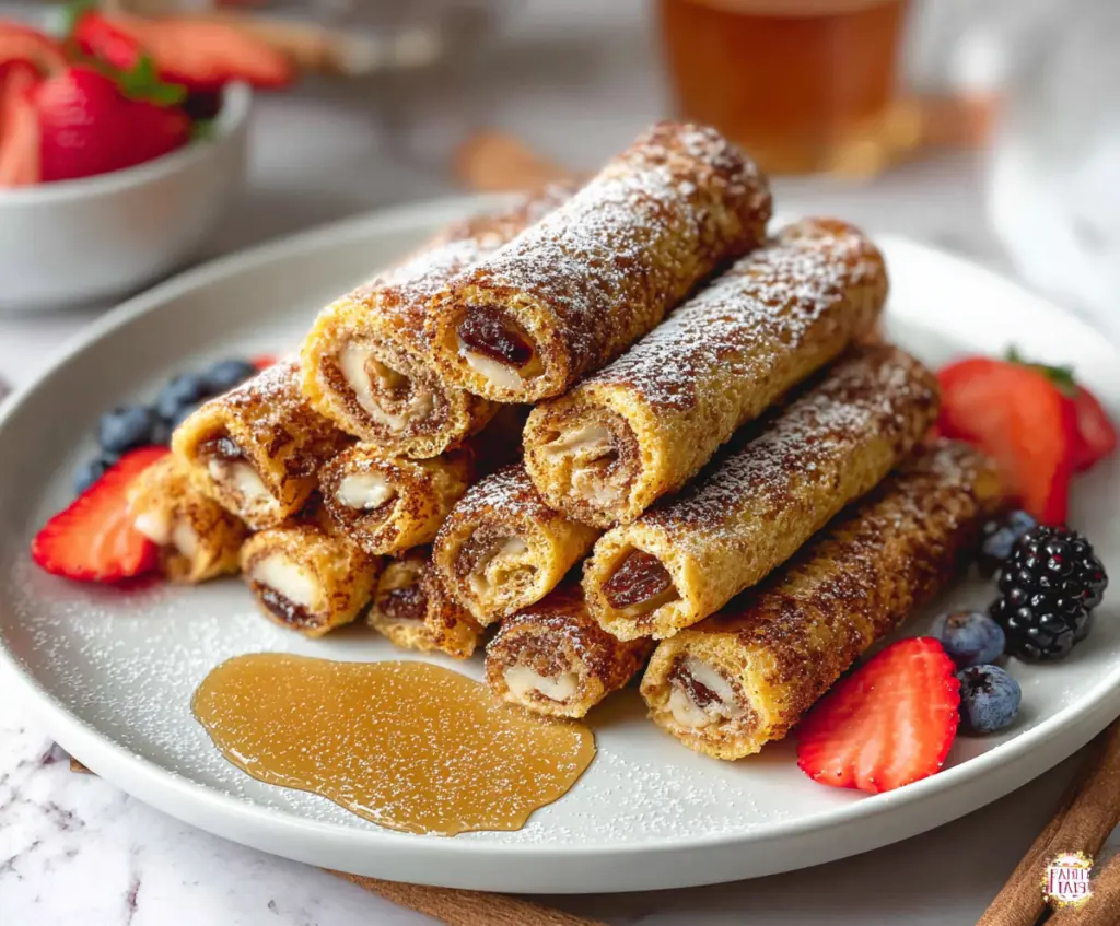 Delicious French Toast Roll Ups filled with cream cheese and berries, served with a dusting of powdered sugar.