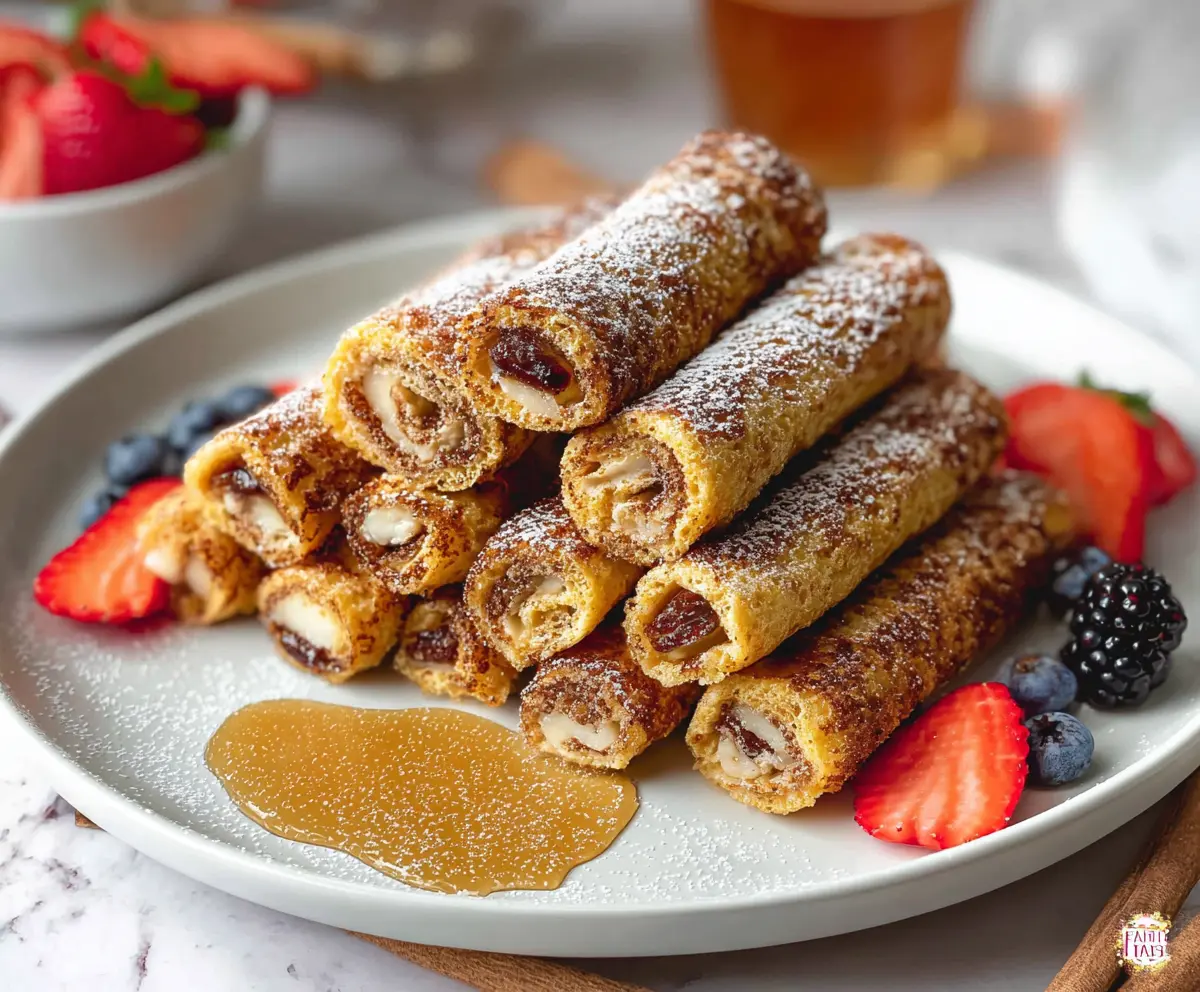 Delicious French Toast Roll Ups filled with cream cheese and berries, served with a dusting of powdered sugar.