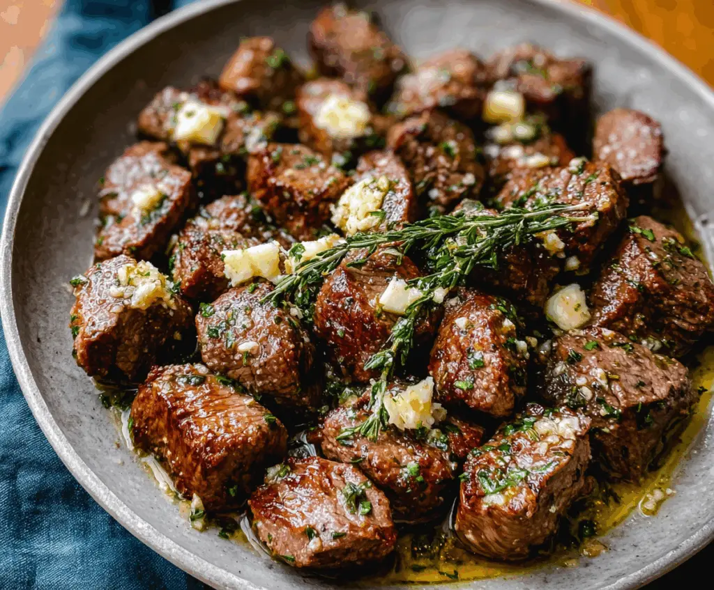 Juicy garlic butter steak bites served on a plate with herbs