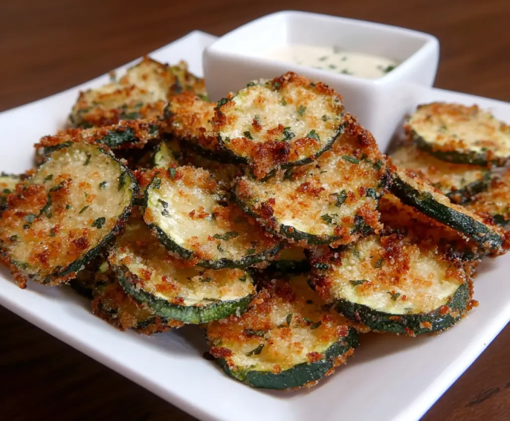 Crispy Garlic Parmesan Zucchini Chips on a white plate, garnished with herbs.