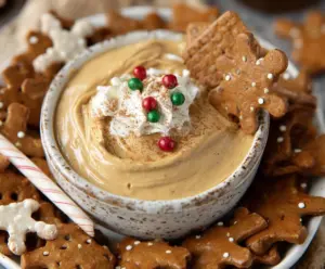 Creamy gingerbread cheesecake dip garnished with ground cinnamon and ginger for a festive treat.