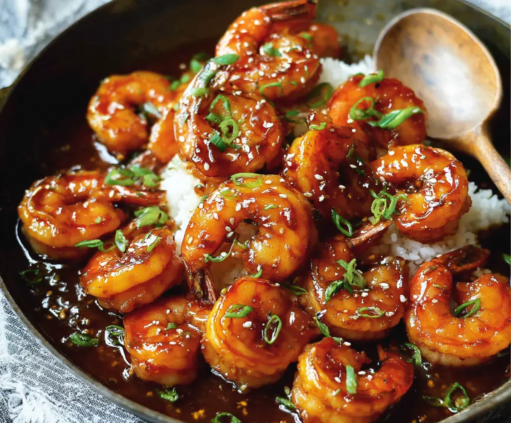 Delicious glazed honey garlic shrimp served on a plate, featuring golden-brown shrimp coated in shiny honey garlic sauce.
