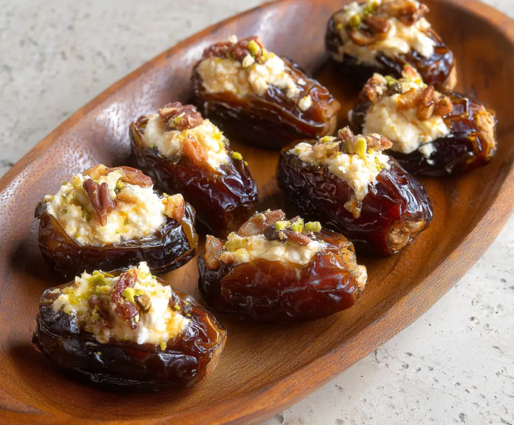Delicious goat cheese stuffed dates garnished with herbs on a white plate.