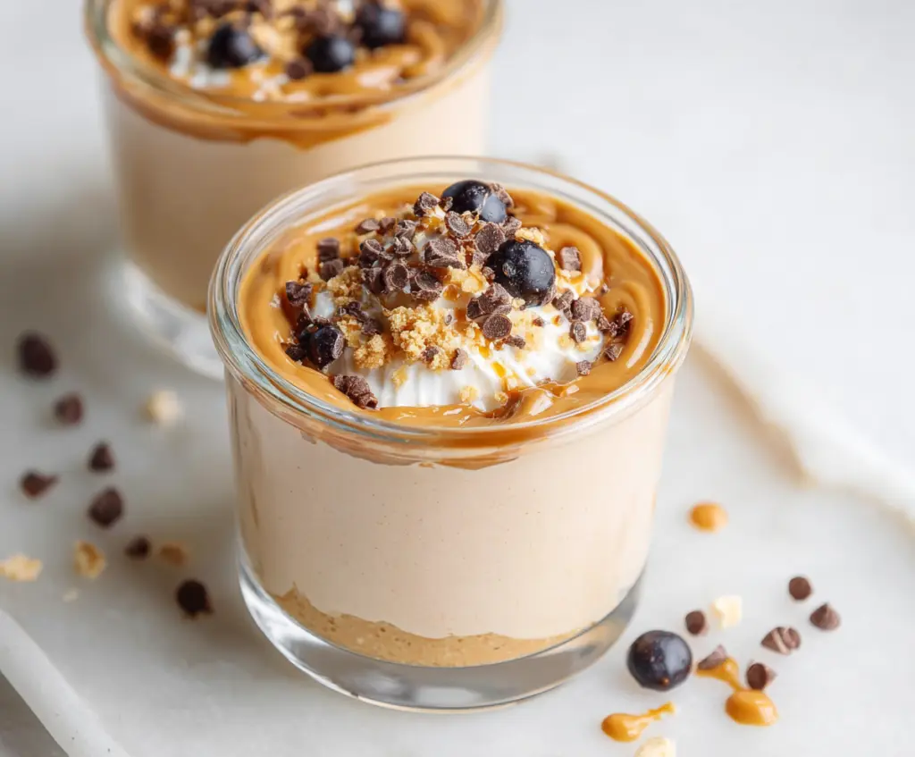 Creamy Greek yogurt peanut butter protein pudding in a glass bowl, garnished with chopped nuts and honey