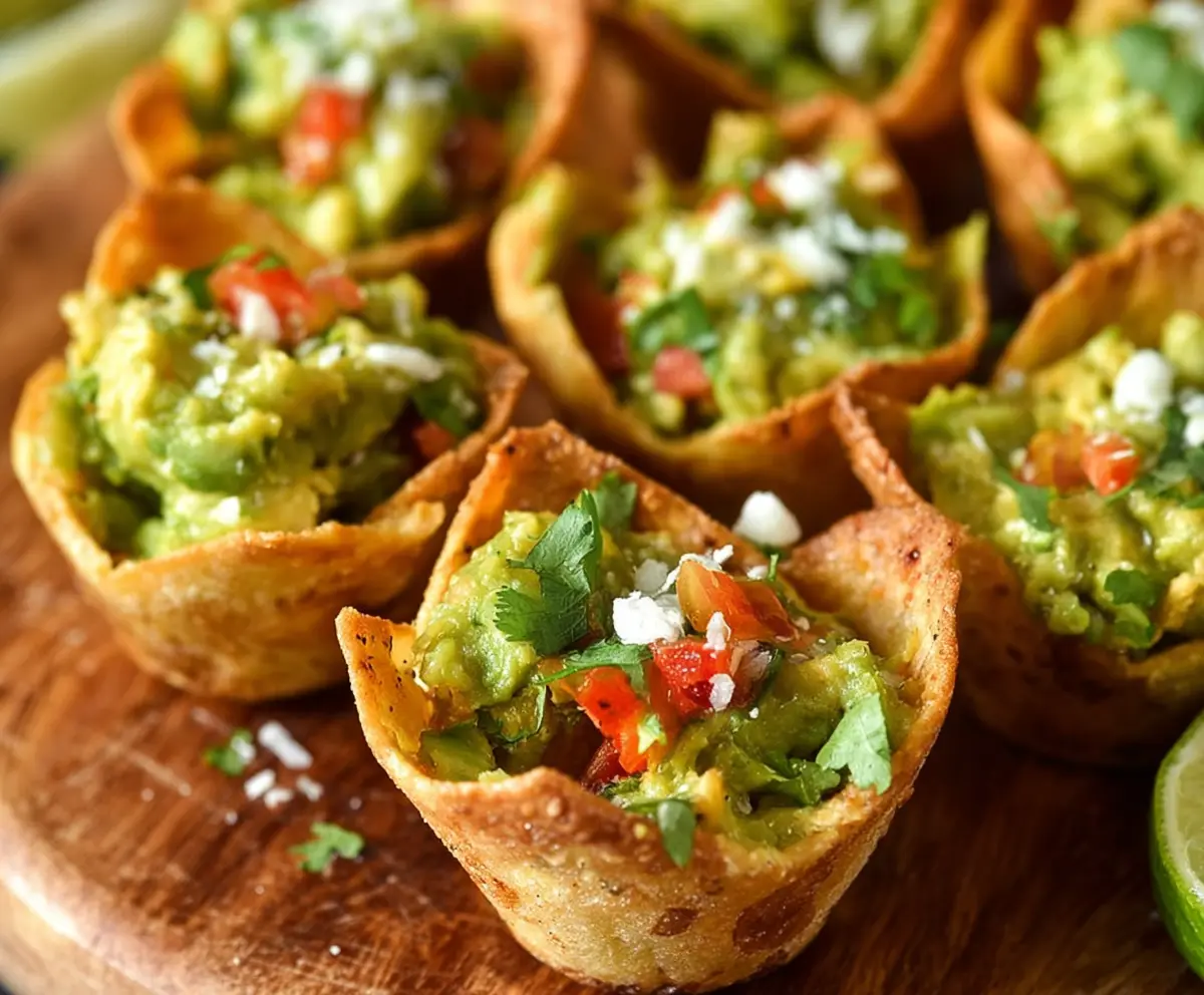 Delicious guacamole served in bite-sized cups, perfect for parties and appetizers.