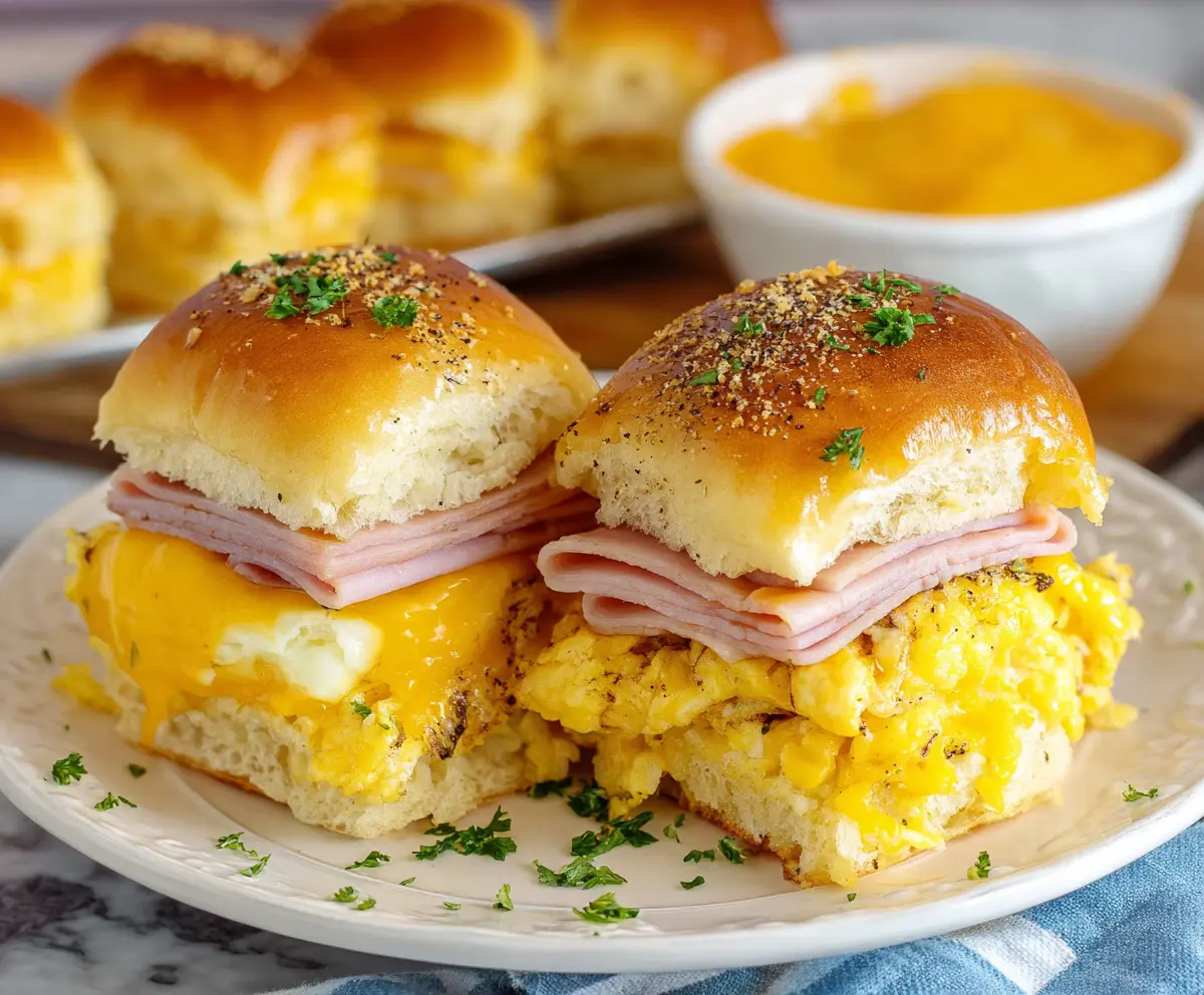 Delicious ham and cheese breakfast sliders on a plate ready to serve.