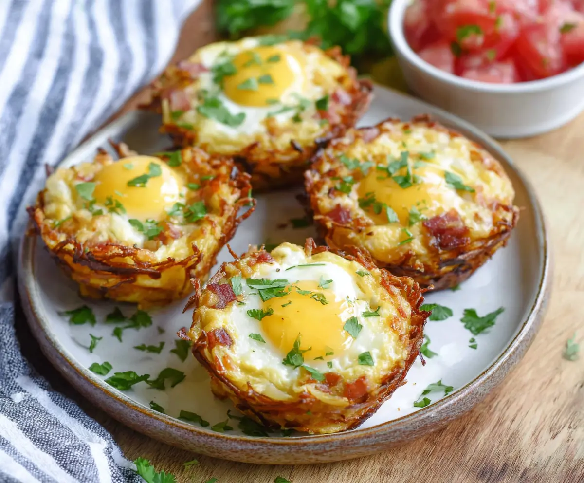 Delicious hash brown and egg cups served for breakfast with crispy potatoes and fluffy eggs