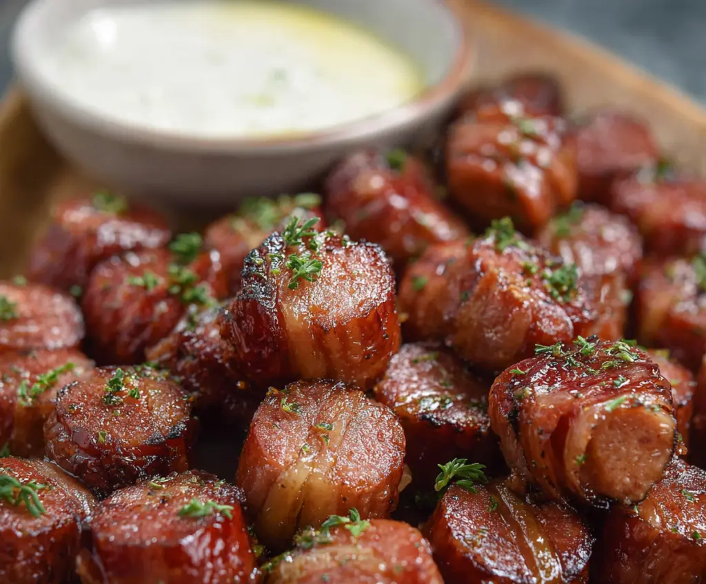 Delicious Hasselback Kielbasa Bites garnished with herbs on a serving platter