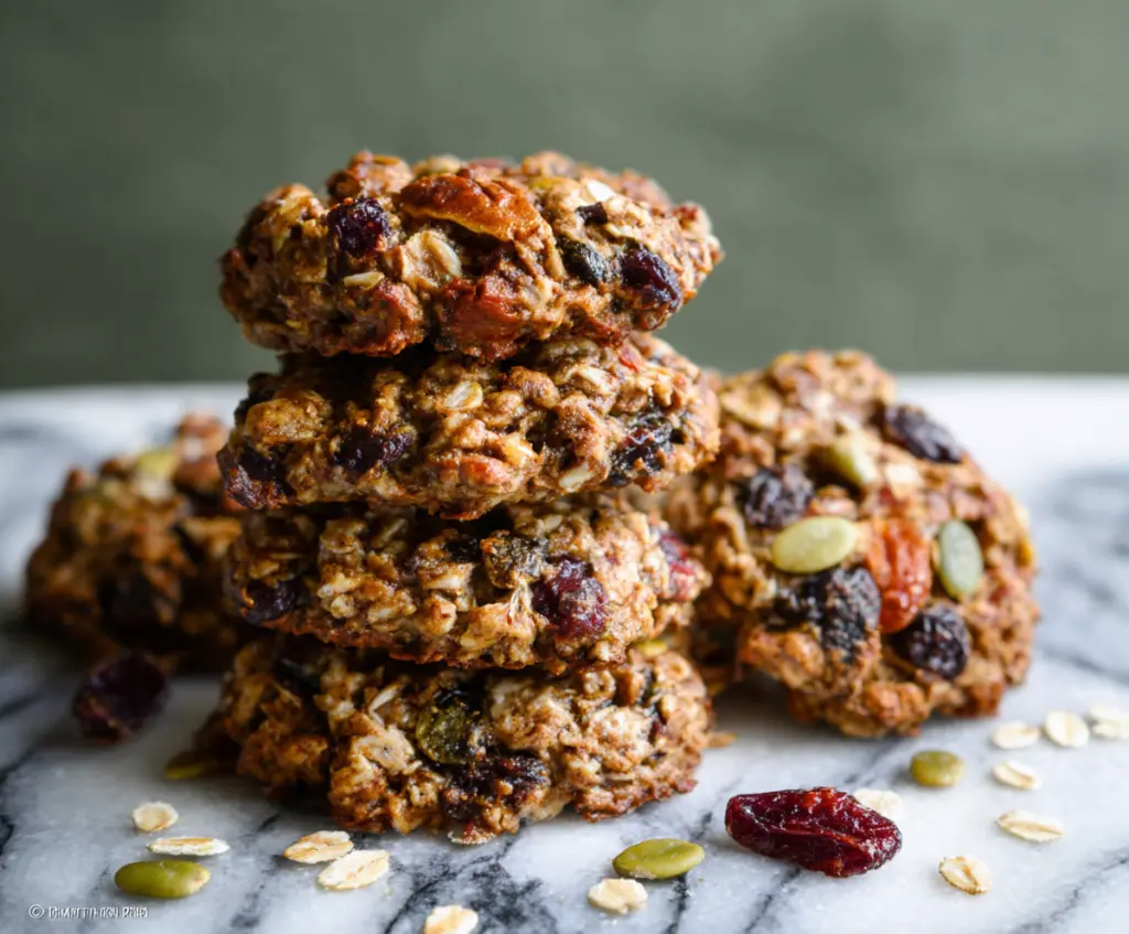 Healthy Breakfast Cookies on a plate with fresh fruits and nuts, perfect for a nutritious morning snack.