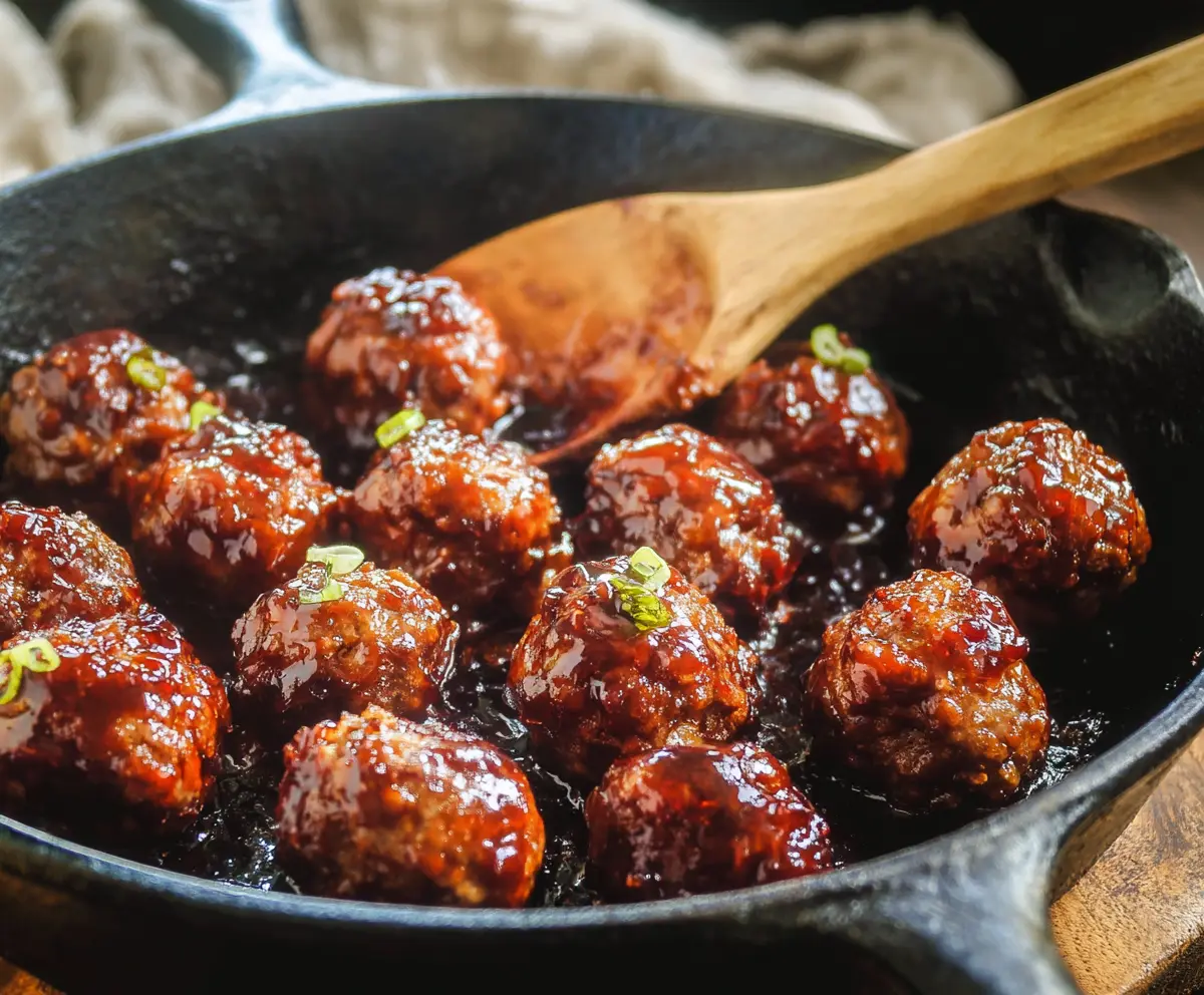 Delicious honey Sriracha meatballs served on a platter, featuring a glossy glaze and fresh herbs.