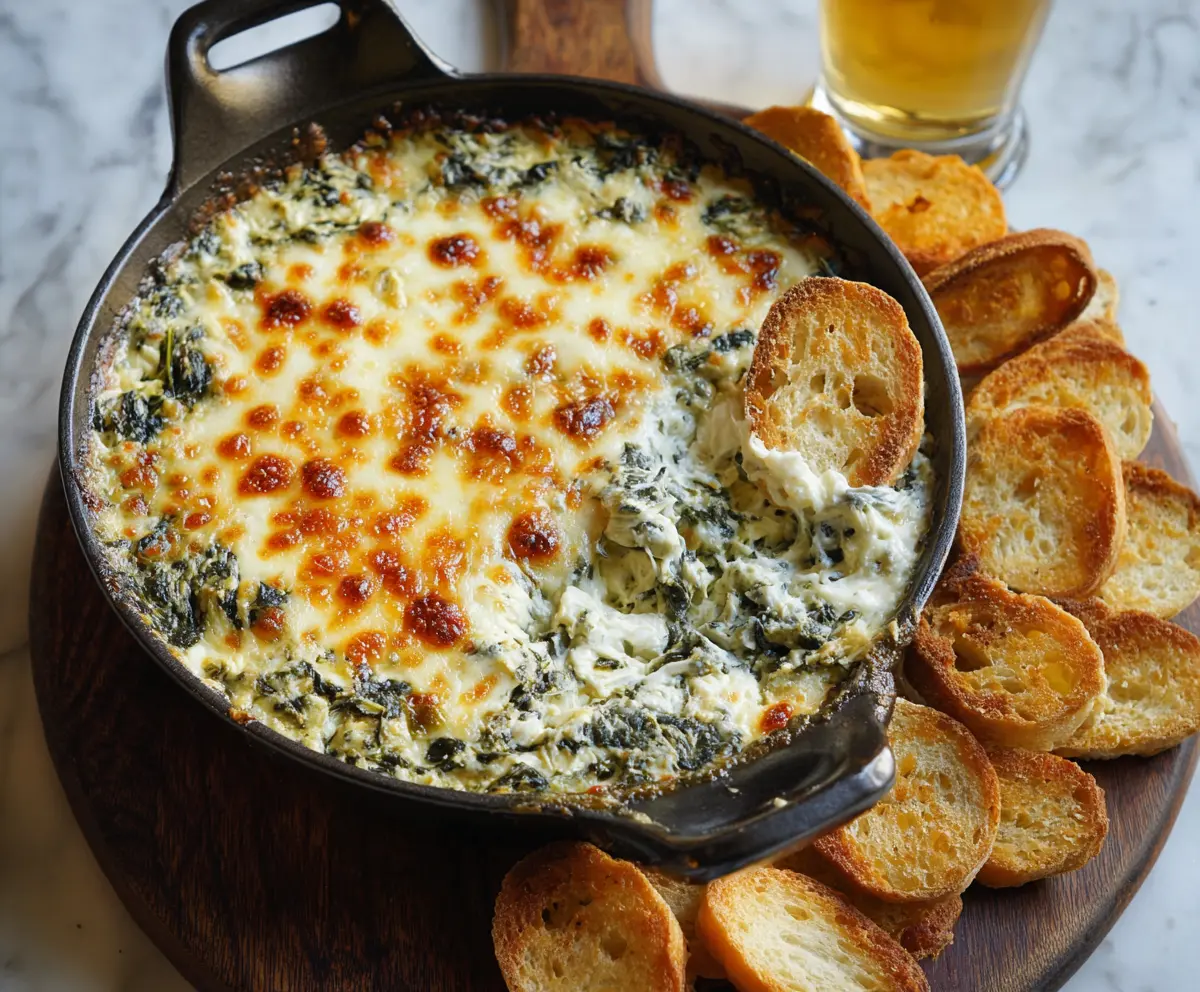 Creamy hot spinach artichoke dip served in a baking dish with crispy bread slices.