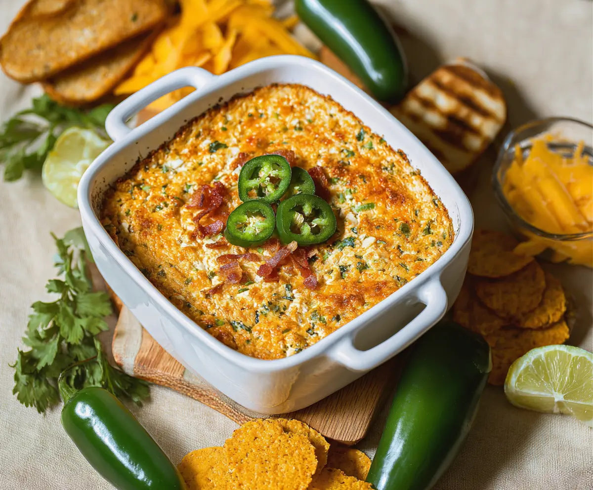 Creamy jalapeno popper protein dip garnished with melted cheese and chopped jalapenos, perfect for a spicy snack.