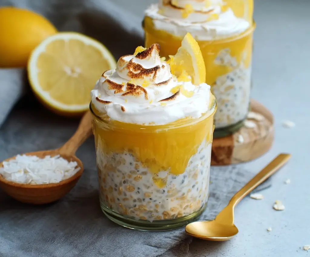 Delicious Lemon Meringue Pie Overnight Oats with lemon slices and fluffy meringue topping