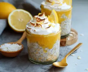 Delicious Lemon Meringue Pie Overnight Oats with lemon slices and fluffy meringue topping