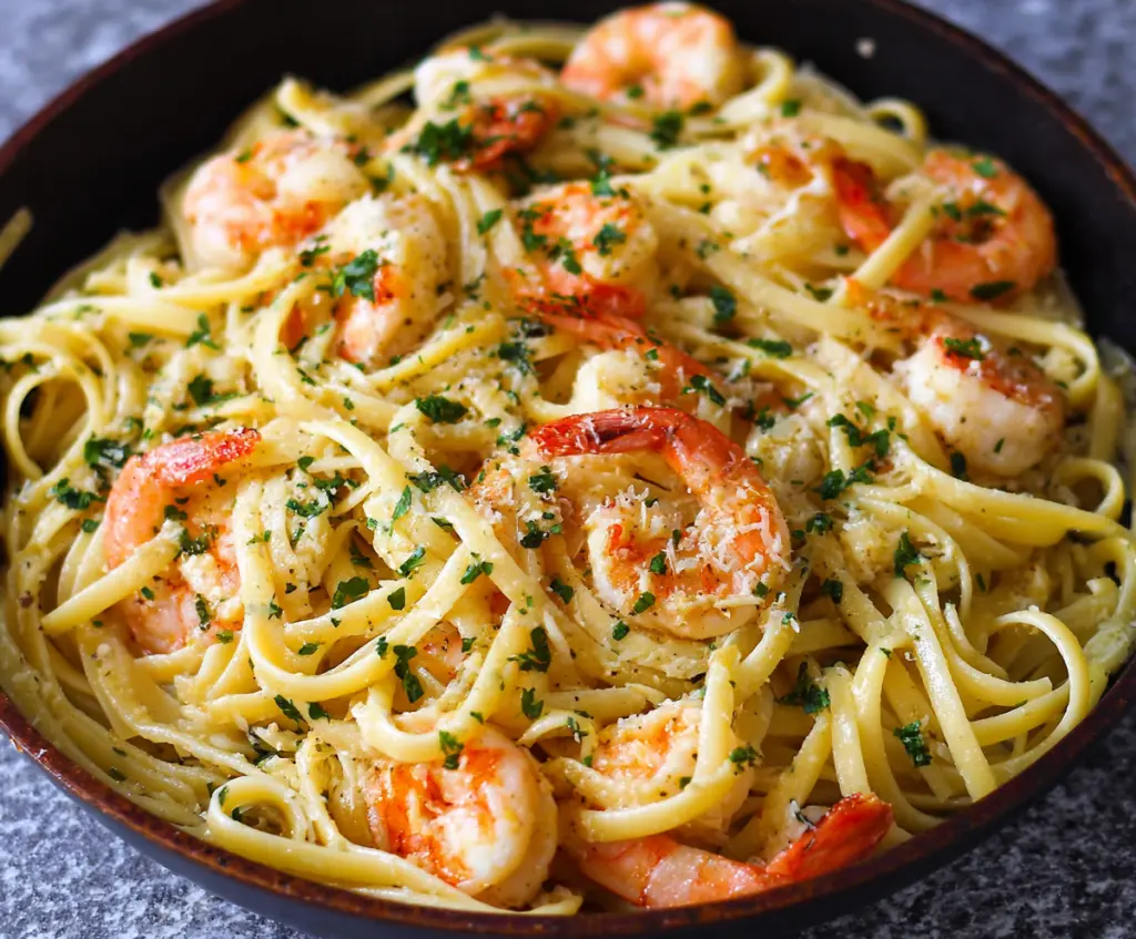 Delicious linguine shrimp scampi with garlic and lemon garnish on a plate.