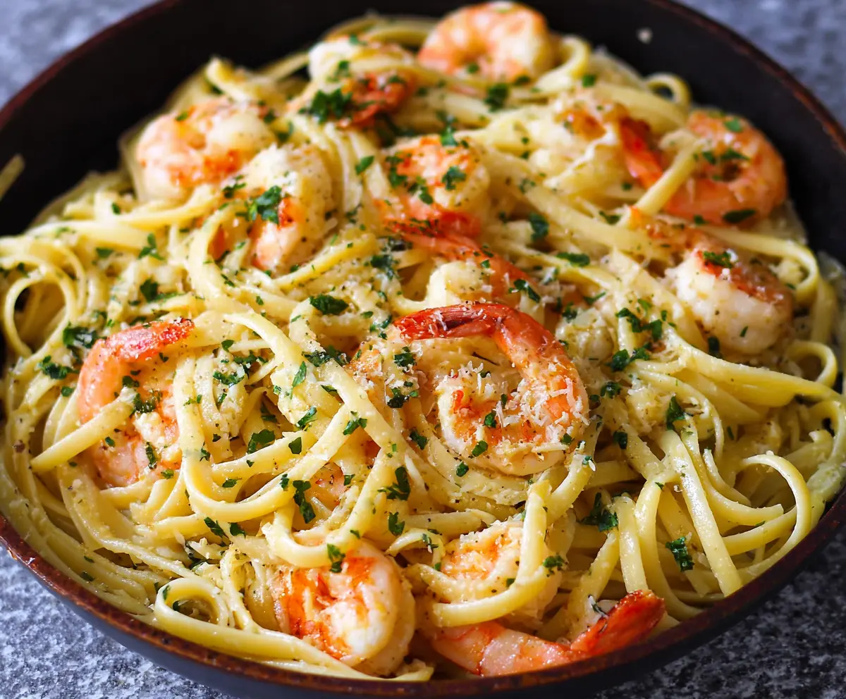 Delicious linguine shrimp scampi with garlic and lemon garnish on a plate.