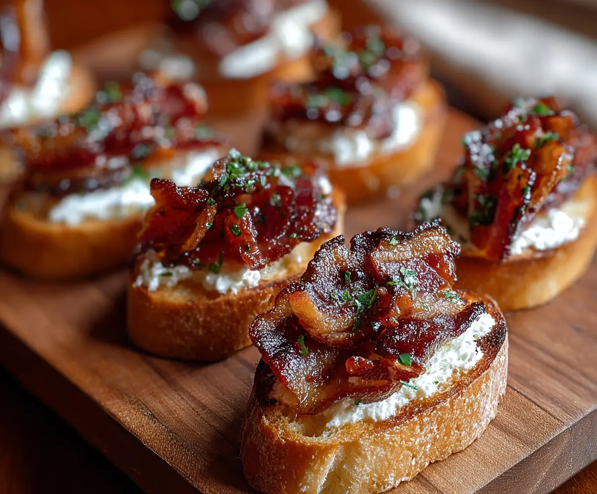 Delicious Million Dollar Bacon Crostini with crispy bread, savory bacon, and fresh toppings.
