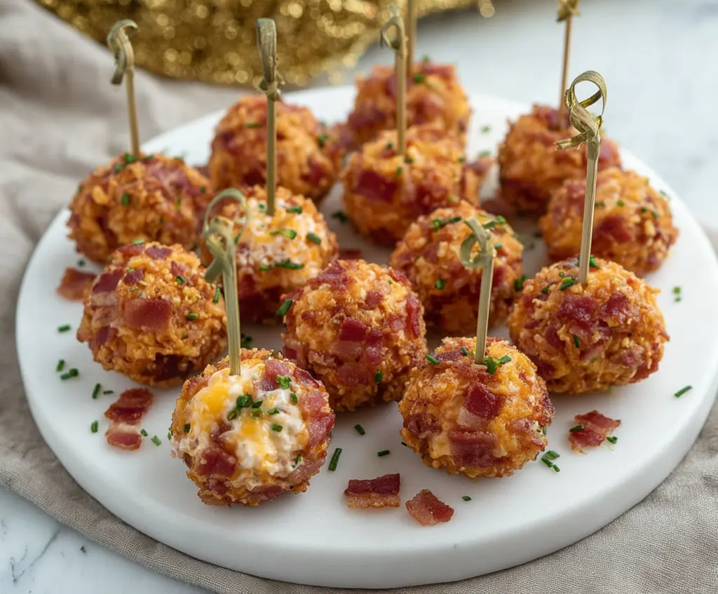 Mini Bacon Ranch Cheeseballs with crispy bacon bits and creamy ranch dip on a decorative plate.