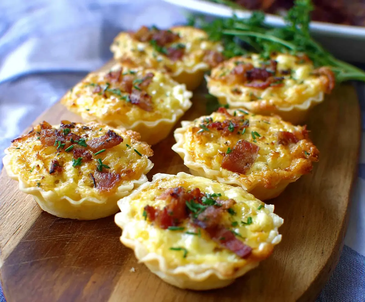 Mini Quiche Lorraine on a plate with golden crust and savory filling, perfect for brunch or snack time