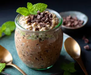 Creamy Mint Chocolate Chip Overnight Oats in a glass jar topped with fresh mint leaves.