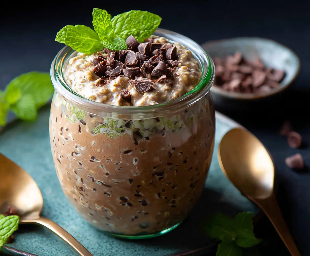 Creamy Mint Chocolate Chip Overnight Oats in a glass jar topped with fresh mint leaves.