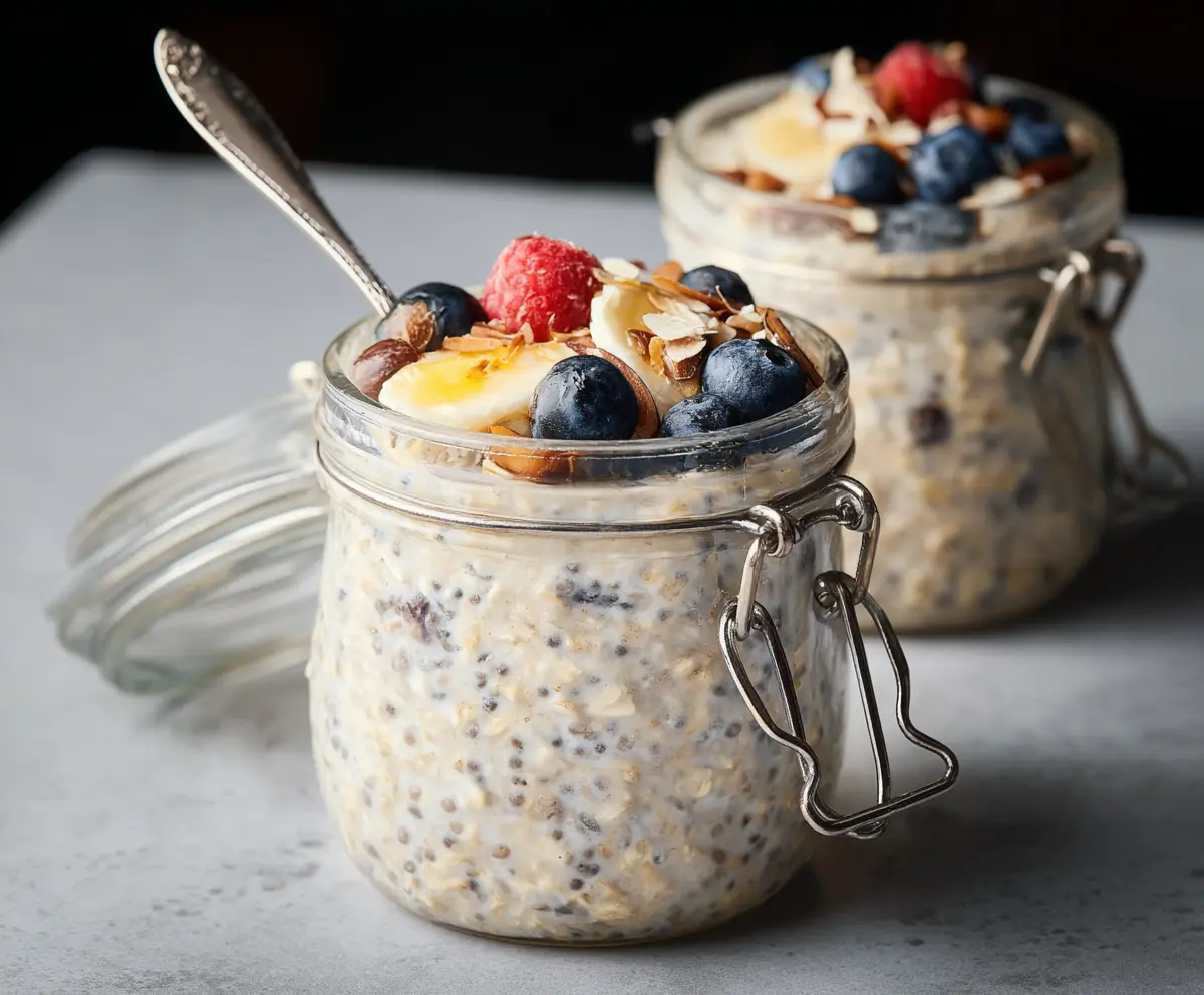 Delicious oat milk overnight oats topped with fresh berries and nuts, perfect for a healthy breakfast.