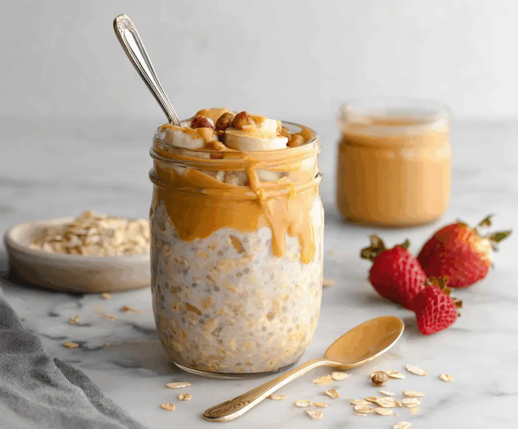 Creamy overnight oats topped with peanut butter and fresh berries for a healthy breakfast.