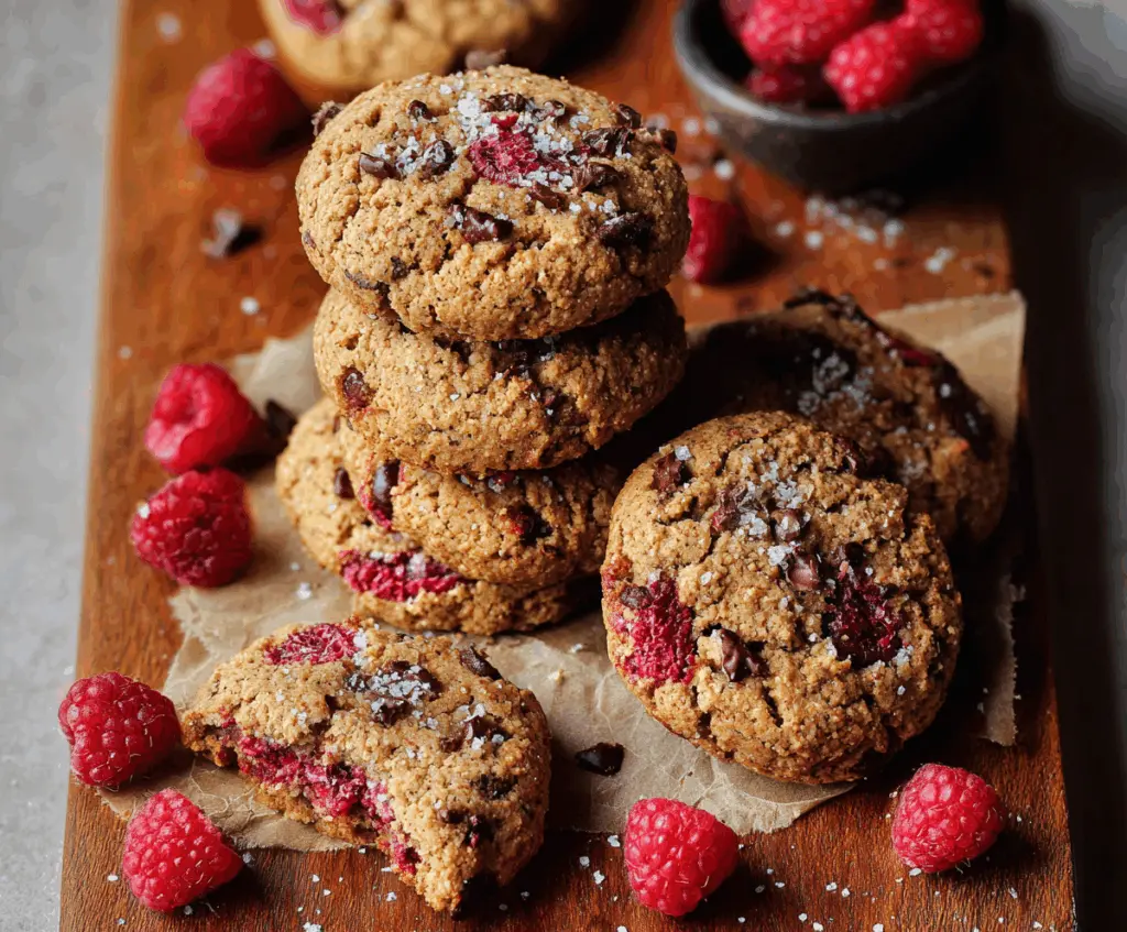 Delicious paleo raspberry cookies garnished with fresh raspberries on a white plate.